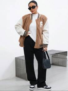 GENKIRA Letter Patched Striped Trim Drop Shoulder Teddy Varsity Jacket Fall Cloth For Women - Multicolor - View 3