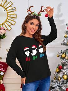 SHEIN EZwear Christmas Print Tee - Black - View 4