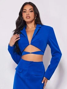 SHEIN BAE Lapel Neck Crop Blazer - Blue - View 1