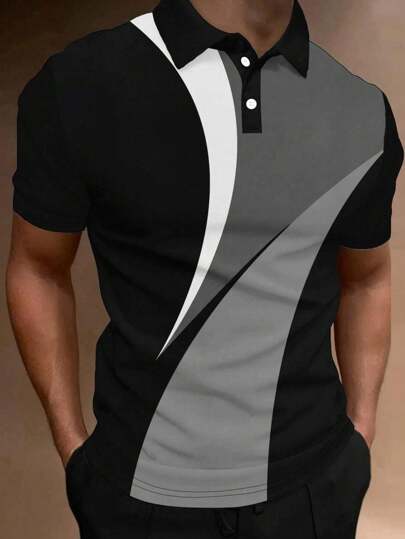 Manfinity Homme Men Plus Size Color Block Polo Shirt Light Grey Black White Work Casual Polo Shirt