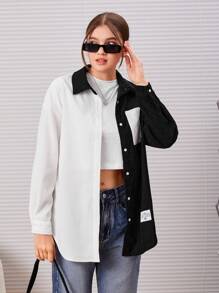 SHEIN Cămașă din velur cu umăr căzut, cu buzunare, pe două tonuri, pentru adolescentă