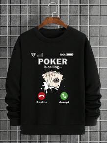 Men Playing Card And Letter Graphic Thermal Lined Sweatshirt - Black - View 1
