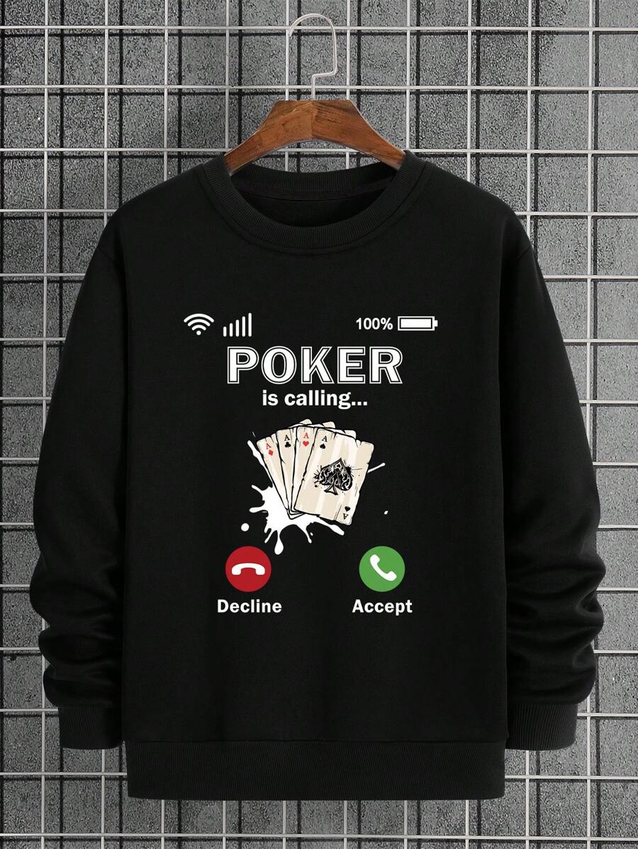 Men Playing Card And Letter Graphic Thermal Lined Sweatshirt - Black - View 1