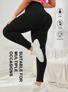 SHEIN Sports 大碼四種字母圖案收復臀部控制運動打底褲 - 黑色 - 查看 1