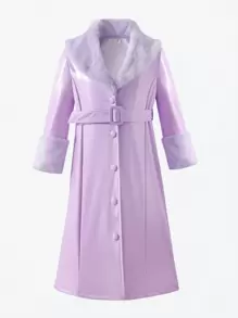 SHEIN 女小童毛茸茸翻領腰帶PU皮革外套 - 紫色 - 查看 1