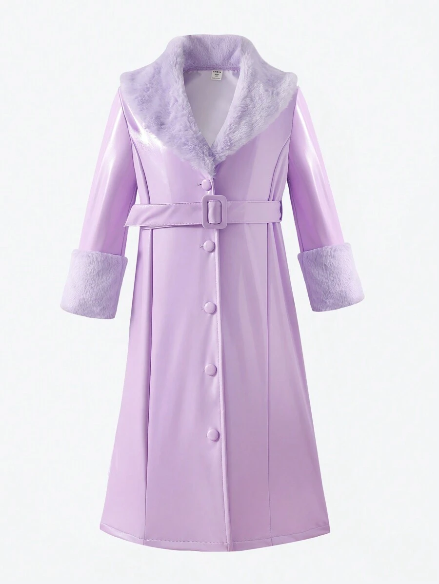 SHEIN 女小童毛茸茸翻領腰帶PU皮革外套 - 紫色 - 查看 1