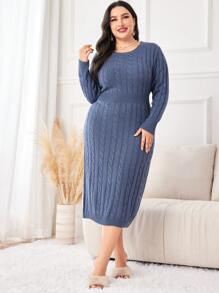 Mulvari Plus Solid Cable Knit Sweater Dress - Blue - View 3