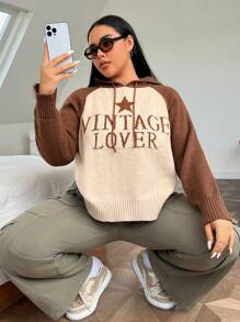 SHEIN EZwear Plus Star & Slogan Pattern Raglan Sleeve Drawstring Hooded Sweater - Rust Brown - View 4