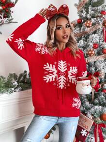 SHEIN LUNE 雪花圖案落肩袖抽繩連帽套頭毛衣 - 紅色 - 查看 1