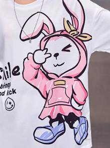 SHEIN 女大童卡通圖案落肩T恤和褲子 - 彩色 - 查看 3