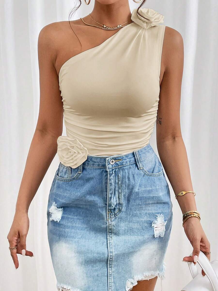 SHEIN Privé 3D Hoa hồng Một bờ vai Xù Áo - Màu be - Xem 1