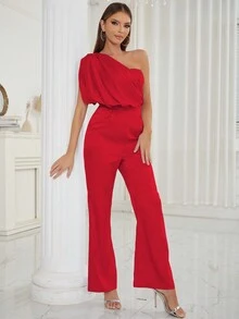 One Shoulder Ruched Flare Leg Jumpsuit - Red - View 7