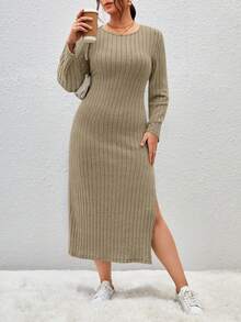 SHEIN Essnce Hơn Đồ đan Ribbed Tách đùi Đầm - Màu Khaki - Xem 3