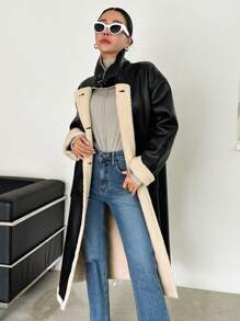 DAZY Abrigo de poliuretano con botones dobles y ribete de contraste, abrigo informal de mujer de invierno con cuello alto, hombros caídos y bolsillos, abrigo de mujer de color negro y bloque de color, ropa de mujer de invierno, chaqueta de mujer de invierno, ropa de mujer de otoño, forro polar