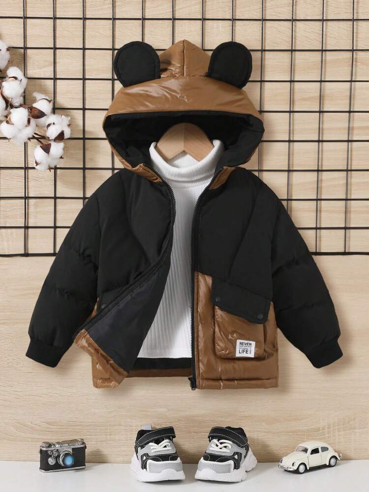 Baby Boy Two Tone Letter Patched Flap Pocket Hooded Padded Coat Without Sweater