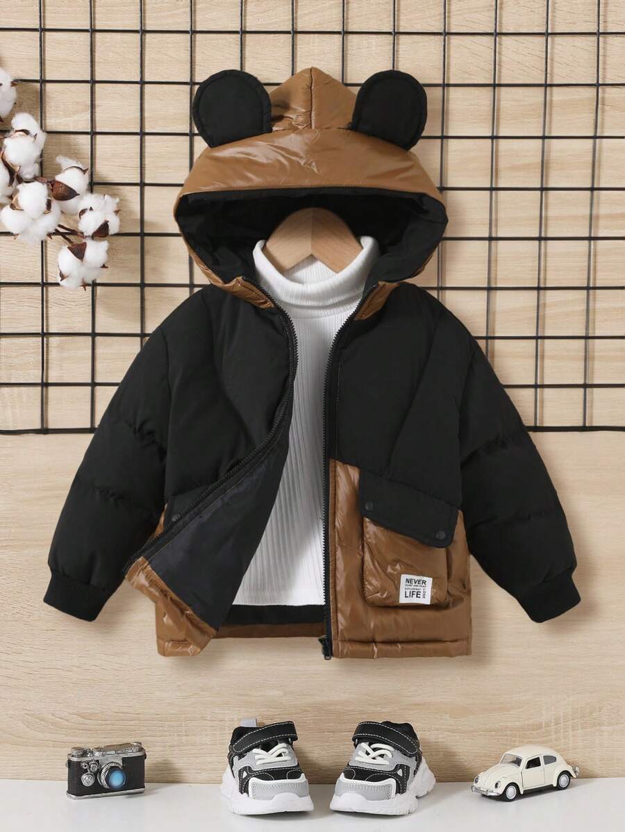 SHEIN 男婴双色字母贴片翻盖口袋连帽棉服外套（不含毛衣） - 彩色 - 查看 1