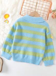 SHEIN Young Girl Striped Pattern Polo Neck Button Front Sweater - Multicolor - View 2