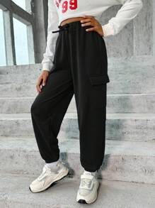 SHEIN Tween Girl Letter Graphic Flap Pocket Side Drawstring Waist Sweatpants - Black - View 5