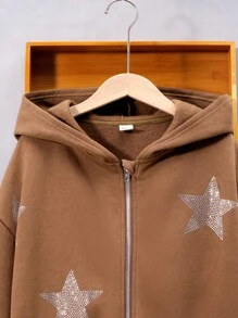 SHEIN 青少年女孩星星印花落肩袖拉鏈連帽衫