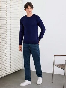 RueChic 男士純色圓領毛衣 - 藏蓝色 - 查看 4