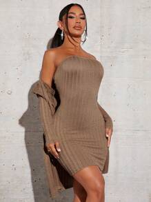 SHEIN SXY Solid Tube Bodycon Dress With Coat - Khaki - View 6