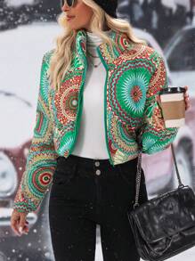 SHEIN Essnce 曼陀罗印花拉链短款夹棉外套冬季服装 - 彩色 - 查看 2