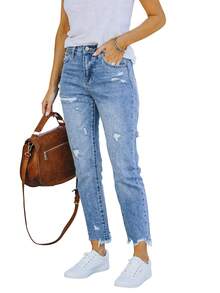 Ripped Raw Hem Mom Fit Jeans Boyfriend Jeans,Ladies Pocket,Raw Hem,Ripped Natural Straight Leg Long Light Wash Regular Fit Women Jeans,Spring/Fall,Casual Daily Wear - Light Wash - View 3