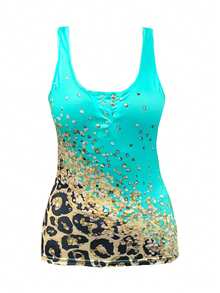 Women Contrast Leopard Print Tank Top - Mint Green - View 3