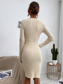 SHEIN Privé Ribbed Knit Button Front Belted Bodycon Sweater Dress - Apricot - View 2