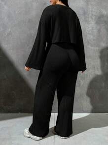 SHEIN EZwear Talla grande Camiseta de hombros caídos & con nudo delantero Pantalones de pierna ancha - Negro - Ver 2