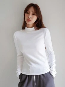 DAZY Solid Mock Neck Tee,Fall Clothes Long Sleeve Women Tops,Thermal Lined - White - View 5