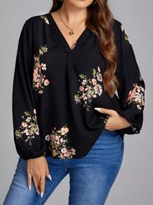 SHEIN LUNE Cộng với áo sơ mi tay đèn lồng in hoa - màu đen - Xem 1