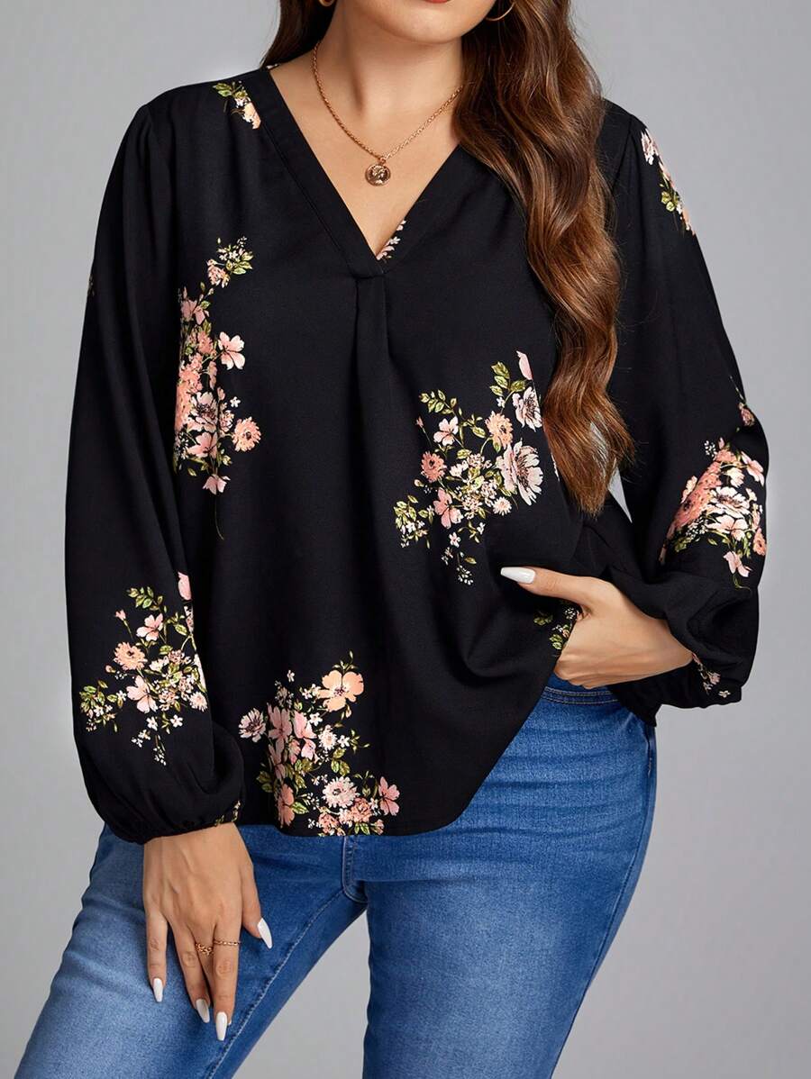 SHEIN LUNE Cộng với áo sơ mi tay đèn lồng in hoa - màu đen - Xem 1