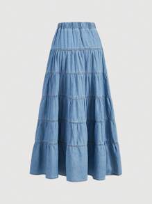 SHEIN MOD Ruffle Hem Denim Skirt - Baby Pink - View 2