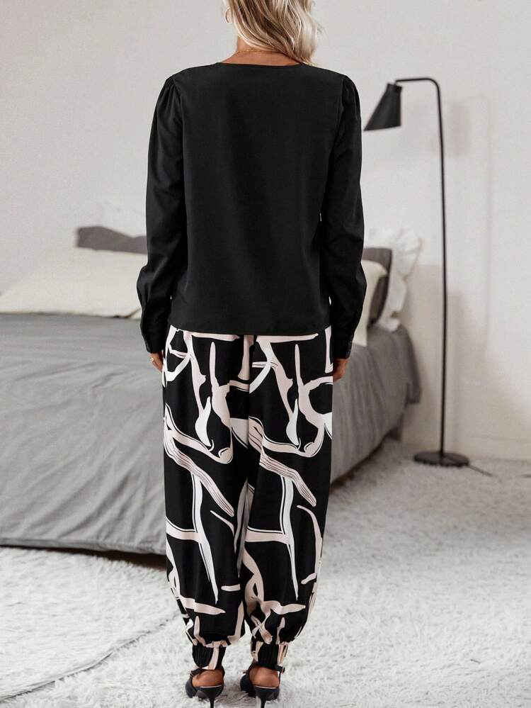 Solid V Neck Blouse & Graphic Print Pants
