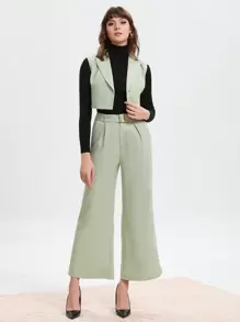 GENKIRA Solid Vest Blazer & Belted Wide Leg Pants - Green - View 3