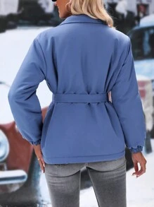 SHEIN LUNE Flap Pocket Zip Up Self Spänne Bältad Vadderad - Dammblå - Visa 2
