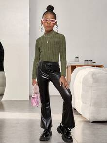 SHEIN Tween Girl Solid Color Casual Stand Collar Knitted T-Shirt With Striped Detailing - Army Green - View 4