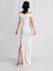 Off Shoulder Split Thigh Ruched Bodycon Dress - White - View 2