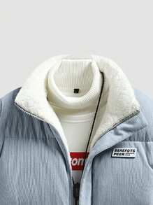 Men Letter Patched Detail Zipper Padded Coat Without Sweater - Blue - View 4