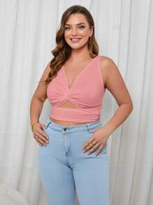 SHEIN Privé 大碼前扭結鏤空短款上衣 - 粉色 - 查看 3