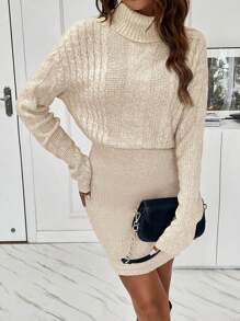 SHEIN LUNE Vestido de punto cuello alto tejido de cable de hombros caídos