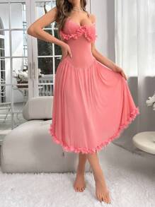 SHEIN 荷叶边网眼覆盖吊带睡衣长裙 - 藕粉色 - 查看 5