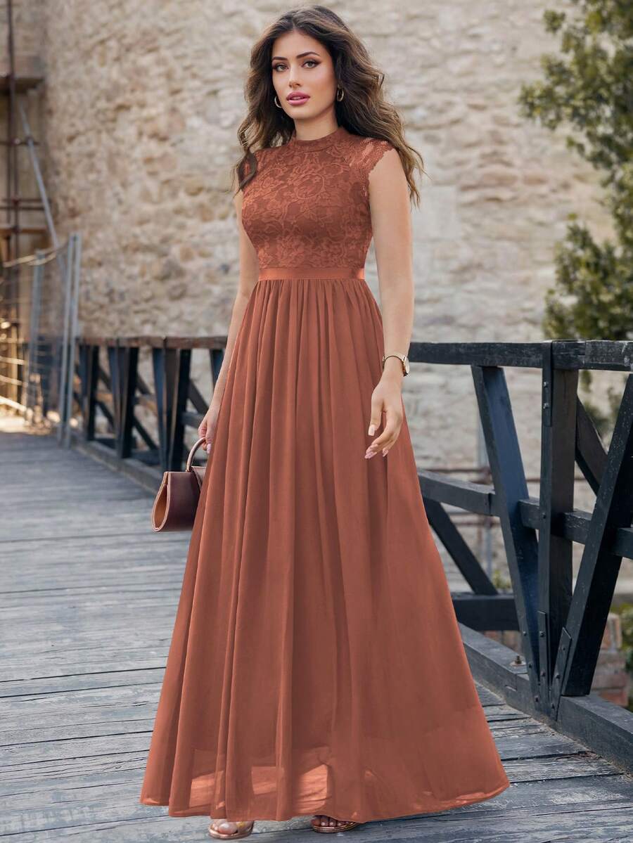 MIUSOL Đầm dự tiệc ren hoa thanh lịch cổ bẻ tay lửng viền xếp ly