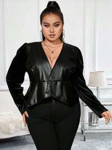 SHEIN Unity 大碼素色PU皮革夾克 - 黑色 - 查看 3