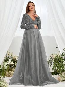 Maternity Sequin Insert Mesh Hem Elegant Dress, For Party - Grey - View 7