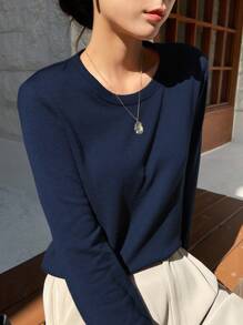 DAZY 纯色罗纹针织 T 恤，秋季服装长袖女上衣 - 藏蓝色 - 查看 3