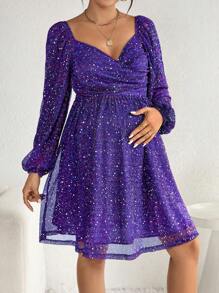 SHEIN 孕婦滿版印花雞心領口燈籠袖洋裝 - 紫色 - 查看 1