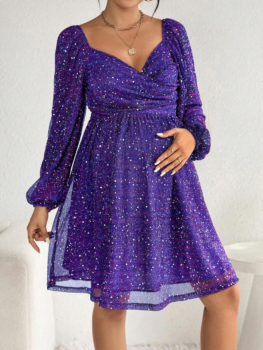 SHEIN 孕婦滿版印花雞心領口燈籠袖洋裝 - 紫色 - 查看 1