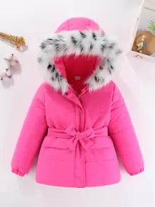 SHEIN Young Girl Fuzzy Trim Hooded Belted Padded Coat - Hot Pink - View 1